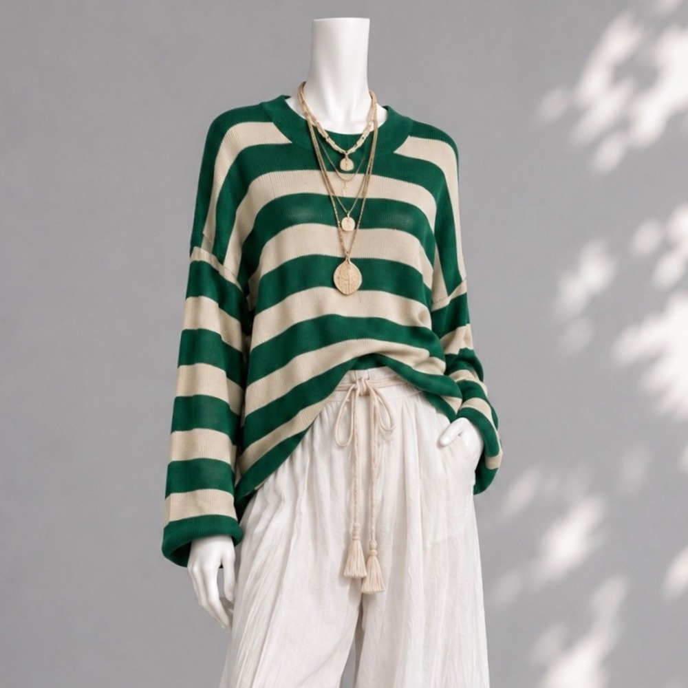 Free People Beach Malibu Sweater XL Green Stripe Oversized Slouchy Pullover